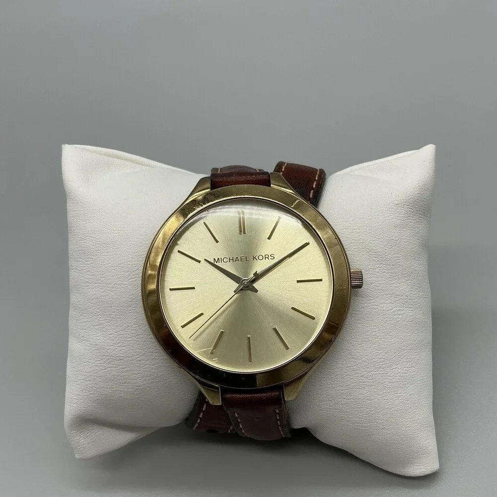 Michael Kors MK2256 Womens Watch 42mm Brown Leather Wrap Strap New Battery